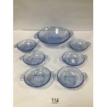 AN ART DECO BLUE GLASS SEVEN PIECE FRUIT SET, LARGEST 26.5CM WIDE