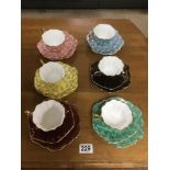 A SIX PIECE COLOURFUL ROYAL STUART TEA SET COMPRISING TEA CUPS, SAUCERS AND SIDE PLATES