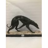 A LARGE BRONZE FIGURE OF A GREYHOUND, RAISED UPON LARGE MARBLE BASE, POSSIBLY G GUERIN FALAISE, 61CM
