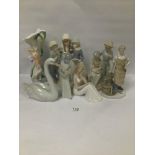 A LLADRO PORCELAIN FIGURE OF A SWAN, 5230 (AF) TOGETHER WITH SIX SIMILAR STYLE FIGURES