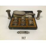 A SILVER HAIR BRUSH WITH ENGINE TURNED DECORATION, TOGETHER WITH A BOXED SET OF SIX SILVER PLATE