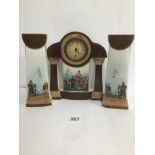 A 20TH CENTURY CERAMIC MANTLE CLOCK WITH GARNITURES, MARKED TO BASE "CRETE", 26.5CM HIGH