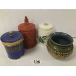 FOUR PIECES OF CERAMIC, INCLUDING A DOULTON STONEWARE VASE AND THREE LIDDED POTS, LARGEST 16CM HIGH