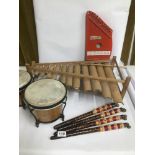 MIXED LOT OF INSTRUMENTS, INCLUDING A BAMBOO GLOCKENSPIEL, PAIR OF DRUMS AND MORE