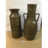 TWO LARGE WEST GERMAN VASES BY BAY, BROWN IN COLOUR WITH ELABORATE DESIGNS THROUGHOUT, LARGEST 46.