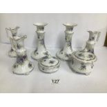 SEVEN PIECES OF FLORAL PORCELAIN ITEMS, INCLUDING PAIR OF CANDLESTICKS AND MORE