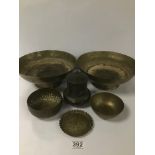 SIX PIECES OF MIDDLE EASTERN AND ORIENTAL METAL WARE, MOST BEING ENGRAVED BOWLS AND DISHES,