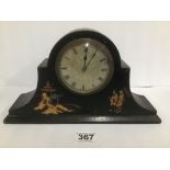 A LATE 19TH/EARLY 20TH CENTURY FRENCH LAQUERED WOOD MANTLE CLOCK WITH CHINOISERIE DECORATION