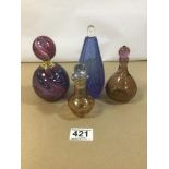 FOUR COLOURED ART GLASS PERFUME BOTTLES, LARGEST 15.5CM HIGH