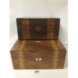 TWO VICTORIAN WOODEN BOXES OF RECTANGULAR FORM WITH INLAID PARQUETRY DECORATION, LARGEST 30CM WIDE