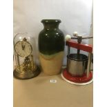 A WEST GERMAN GLAZED STONEWARE VASE, 38CM HIGH, TOGETHER WITH A GLASS DOMED ANNIVERSARY CLOCK AND