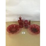 SEVEN PIECES OF VICTORIAN CRANBERRY GLASS, INCLUDING A PAIR OF DISHES, SMALL DECANTER WITH STOPPER