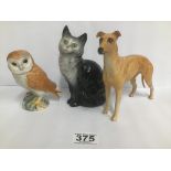 A BESWICK FIGURE OF A DOG 'JOVIAL ROGER' TOGETHER WITH A BESWICK OWL AND CAT