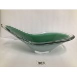 A LARGE FLYGFORS ART GLASS DISH, GREEN TOP WITH WHITE BASE, 38CM WIDE
