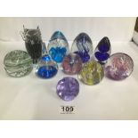 A MURANO GLASS OWL PAPERWEIGHT BY V.NASON, 12CM HIGH, TOGETHER WITH NINE OTHER GLASS PAPERWEIGHTS,