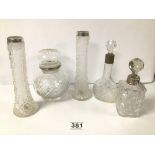 A GROUP OF SILVER COLLARED CUT GLASSWARE, INCLUDING A PAIR OF VASES, SCENT BOTTLE AND A POT OF