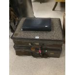 TWO VINTAGE HARTMANN TWEED AND TAN LEATHER SUITCASES, THE LARGEST OF WHICH 66CM WIDE