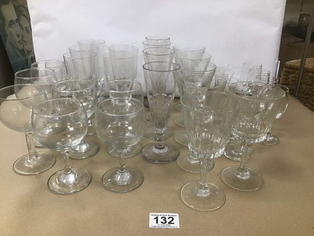 AN ASSORTMENT OF VINTAGE DRINKING GLASSES INCLUDING GEORGIAN AND VICTORIAN, MOST FOR WINE, LARGEST
