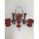 A GARNITURE OF THREE ART GLASS VASES TOGETHER WITH THREE OTHER PIECES OF ART GLASS, INCLUDING A