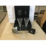 A LARGE PAIR WATERFORD CRYSTAL 'ACHIEVEMENTS' CHAMPAGNE FLUTES, IN ORIGINAL LARGE FITTED BOX, 28CM