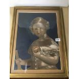 A VICTORIAN PENCIL AND CHALK PAINTING OF YOUNG GIRL HOLDING A BALL, FRAMED AND GLAZED, 60CM BY 44CM