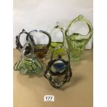 SEVEN PIECES OF COLOURED ART GLASS MURANO STYLE BASKETS, LARGEST 27CM HIGH