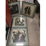 FOUR UNUSUAL THAI TEMPLE RUBBINGS DEPICTING HINDU SCENES, ALL FRAMED, 64CM BY 64CM