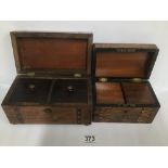 TWO VICTORIAN WALNUT TEA CADDIES WITH PARQUETRY INLAID DECORATION THROUGHOUT, EACH WITH TWO LIDDED