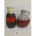 TWO MID CENTURY WEST GERMAN GLAZED STONEWARE LAVA PATTERN ITEMS; VASE AND SINGLE HANDLE POURING