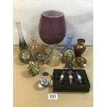 A COLLECTION OF COLOURED GLASS INCLUDING PAPERWEIGHTS, VASES AND SMALL SWEATS, 16 PIECES IN TOTAL