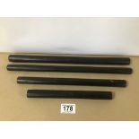 FOUR EARLY EBONISED WOOD MEASURING STICKS, LARGEST 38CM LONG