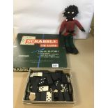 A VINTAGE SCRABBLE DE LUXE GAME IN ORIGINAL BOX, TOGETHER WITH A BOX OF DOMINOES AND A DOLL