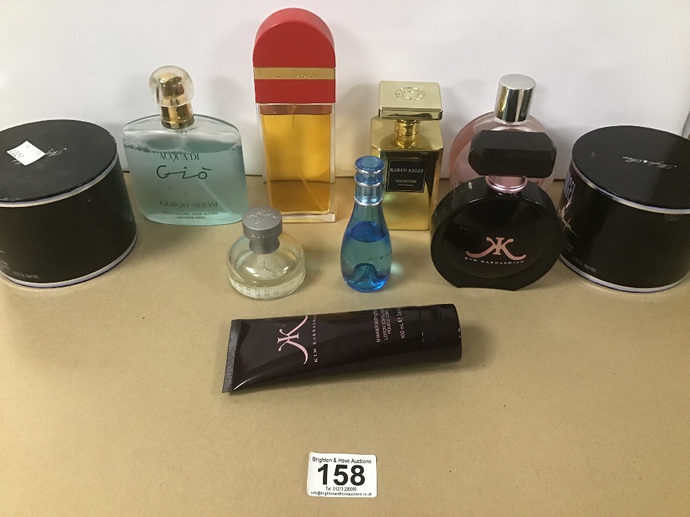 A GROUP OF PERFUME BOTTLES, INCLUDING GIORGIO ARMANI, KIM KARDASHIAN AND MORE