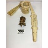 19TH CENTURY IVORY ITEMS, INCLUDING PEN POT, FAN, CROCODILE ETC