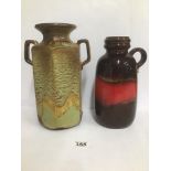TWO WEST GERMAN GLAZED POTTERY VASES, THE LARGER OF THE TWO WITH TWIN HANDLES, 30CM HIGH