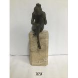 A 20TH CENTURY BRONZE FIGURE OF A SEATED NUDE, SIGNED TO REVERSE MILO, RAISED UPON MARBLE PLINTH,