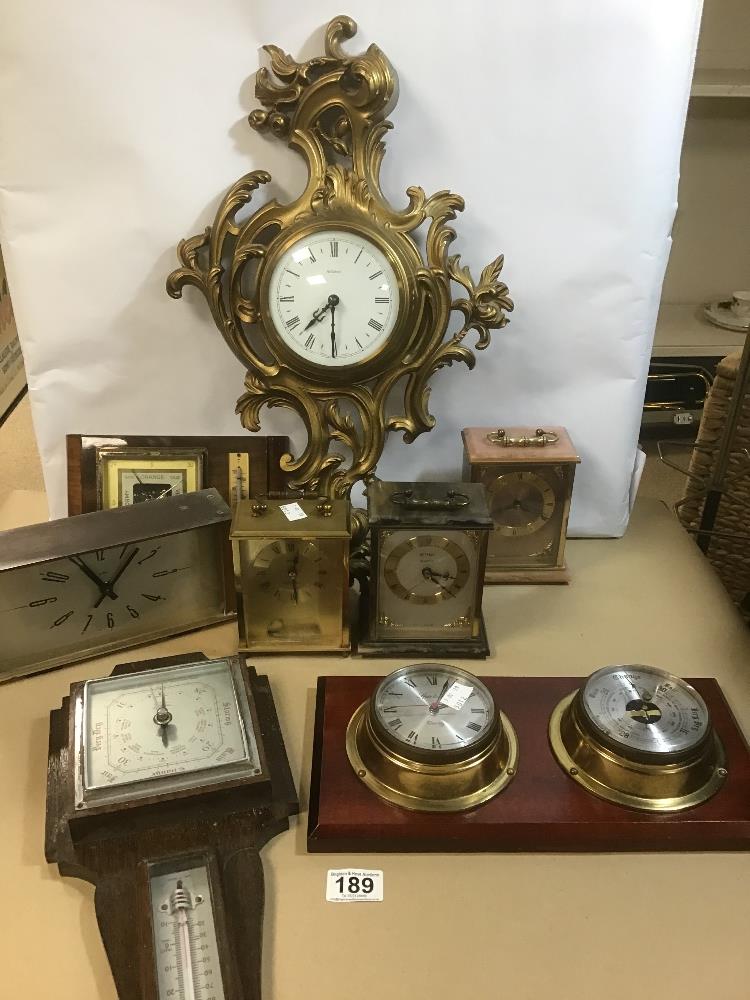 A COLLECTION OF VINTAGE CARRIAGE CLOCKS AND WALL BAROMETERS, INCLUDING METAMEC, SHORTLAND SMITHS AND