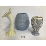 A 20TH CENTURY CARLTON WARE BLUE GLAZED VASE WITH RIBBED EDGE, 16CM HIGH, TOGETHER WITH A BELLEEK