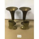 A PAIR OF DECORATIVE BRASS TRUMPET SHAPED VASES, 21CM HIGH, TOGETHER WITH A PAIR OF BRASS BOOT