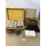 A MIXED LOT OF COLLECTABLES, INCLUDING KODAK KODACHROME SLIDES IN BOX, A SAVORY CIGAR BOX, UNUSUAL