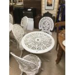 A GALVANISED GARDEN TABLE WITH THREE GALVANISED CHAIRS