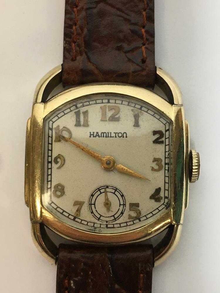 A VINTAGE HAMILTON 10K GOLD FILLED MANUAL WIND WRISTWATCH, 17 JEWEL MOVEMENT REF 987A, 0162555, - Image 3 of 5