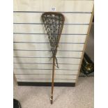 A VINTAGE HATTERSLEY 'VIKTORIA' WOOD AND LEATHER LACROSSE STICK, STAMPED MARKS TO THE TOP, 110CM