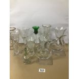 TWELVE GLASS ITEMS, INCLUDING A PAIR OF DECORATIVE CANDLESTICKS, LARGE WINE GLASSES, VASES AND MORE