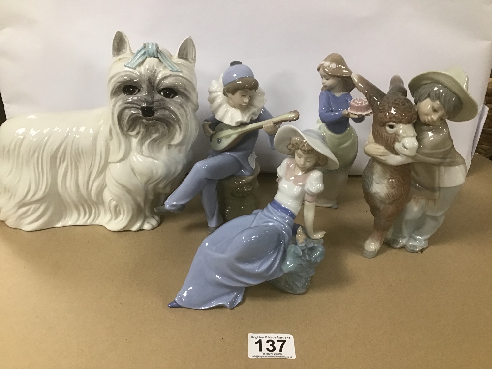 A LLADRO PORCELAIN FIGURE OF A BOY WITH DONKEY TOGETHER WITH THREE NAO FIGURES LARGEST 20CM HIGH AND