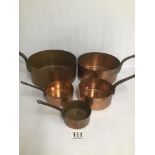 A SET OF FIVE COPPER SAUCEPANS OF GRADUATED FROM, LARGEST 34CM LONG