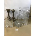A CUT GLASS VASE, 25.5CM HIGH, FOUR CUT GLASS TUMBLERS, A DECANTER WITH STOPPER AND A HEAVY GLASS