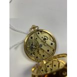 A SWISS 18CT GOLD OPEN FACED FOB WATCH WITH UNUSUAL COLOURED ENAMEL DECORATION TO THE CASE BACK