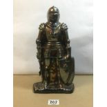A VINTAGE FIRESIDE COMPANION SET IN THE FORM OF A KNIGHT, 35CM HIGH