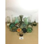 A GROUP OF TEN COLOURED GLASS PAPERWEIGHTS, TOGETHER WITH TWO CAITHNESS GLASS VASES AND OTHER